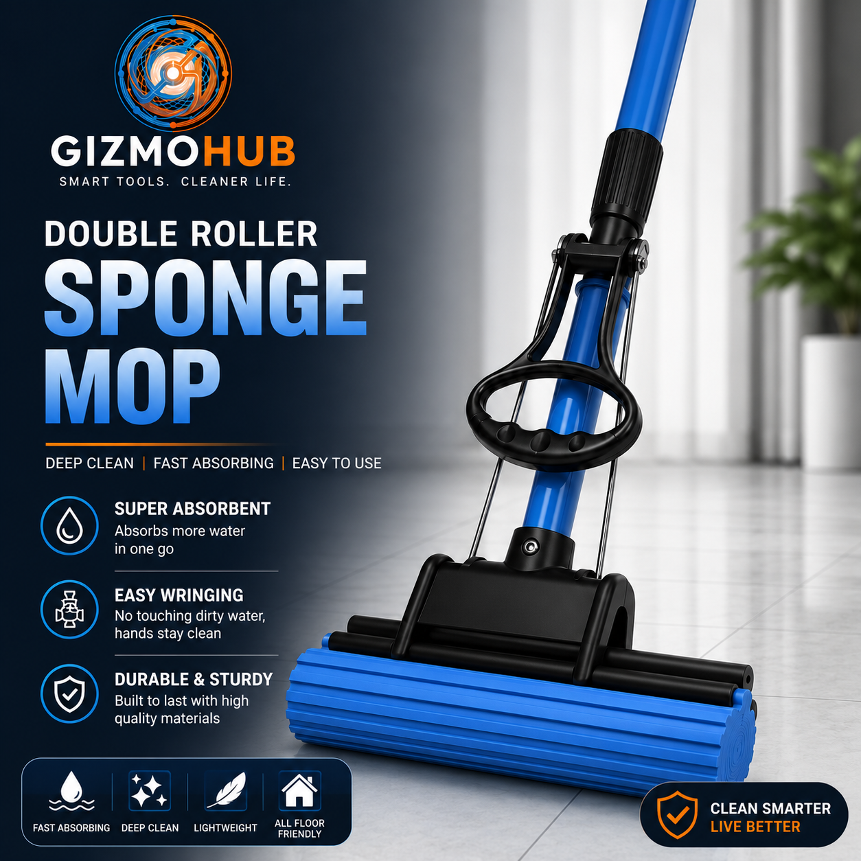 Super Absorbent Sponge Mop with Adjustable Handle & Refills